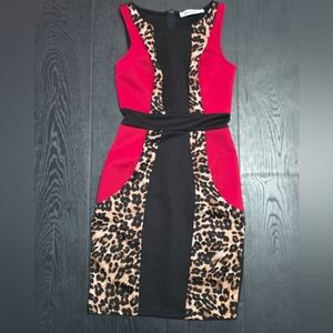 Mystic Red, Black & Leopard-Accent Midi Sheath Dress